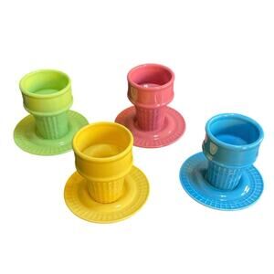 Vintage The Monkey & The Peddler 4 Colorful Ice Cream Cone Dishes with Saucers